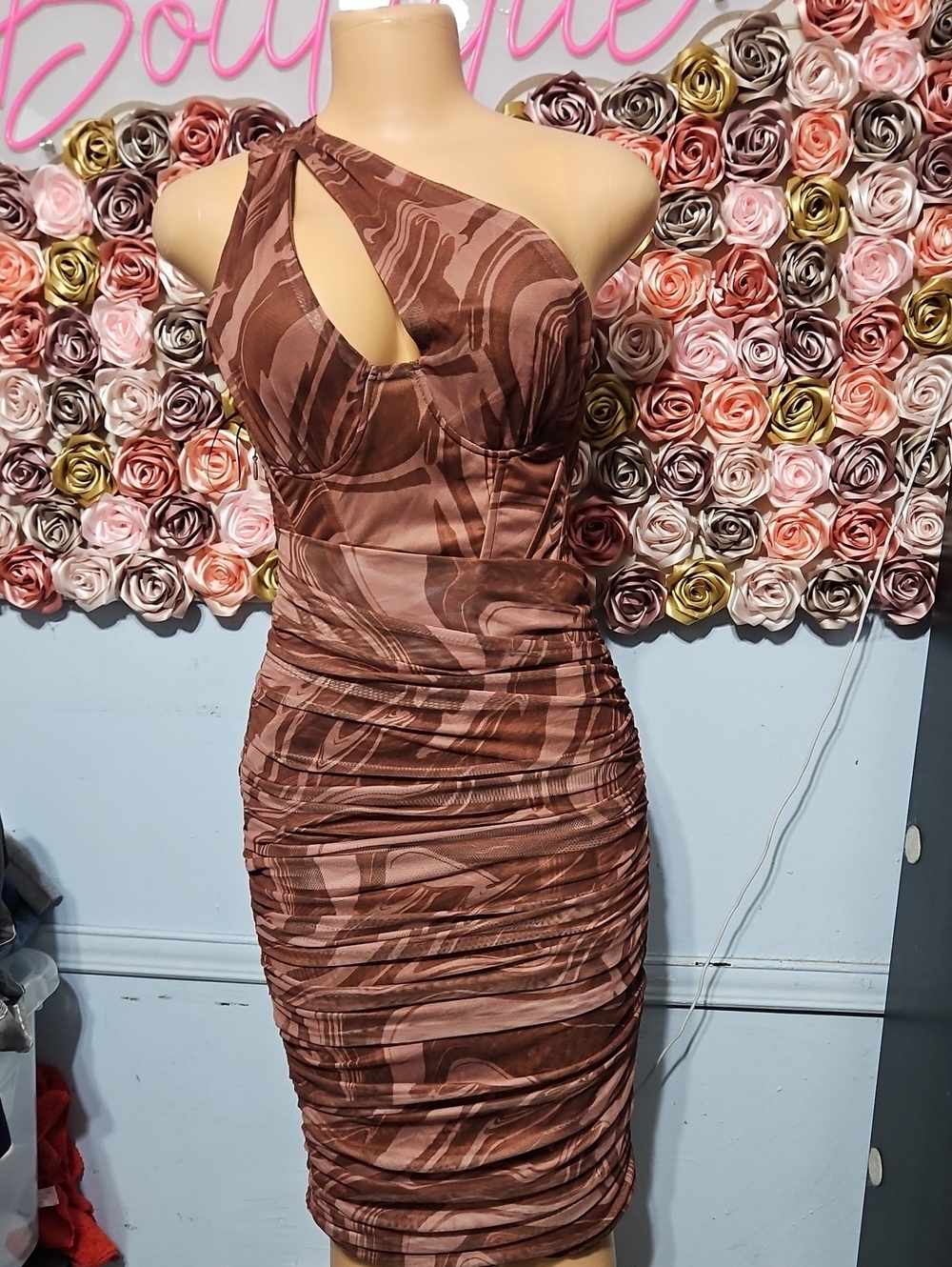 Fashion Nova Brown One-Shoulder Cutout Ruched Bodycon Dress